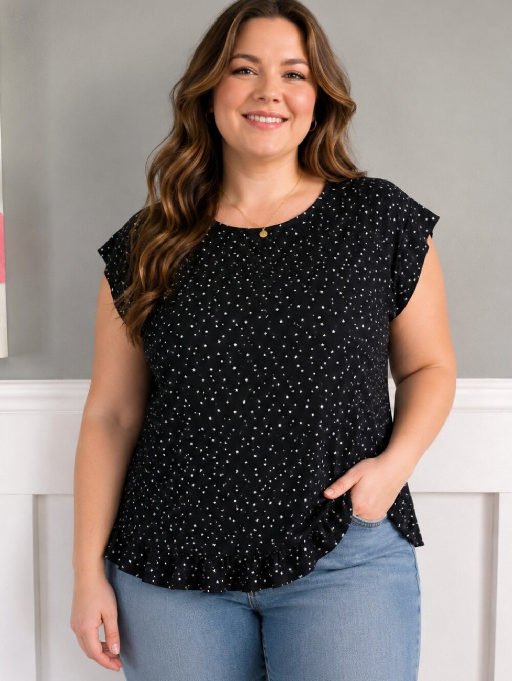 Mandee Black With Silver Star Print Ruffle Hem Top, Celestial Aesthetic, Size 3X